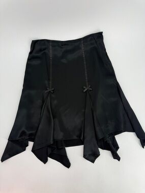 To The Max Black Silk Skirt Size 6 Y2K with Bows & Handkerchief Hem